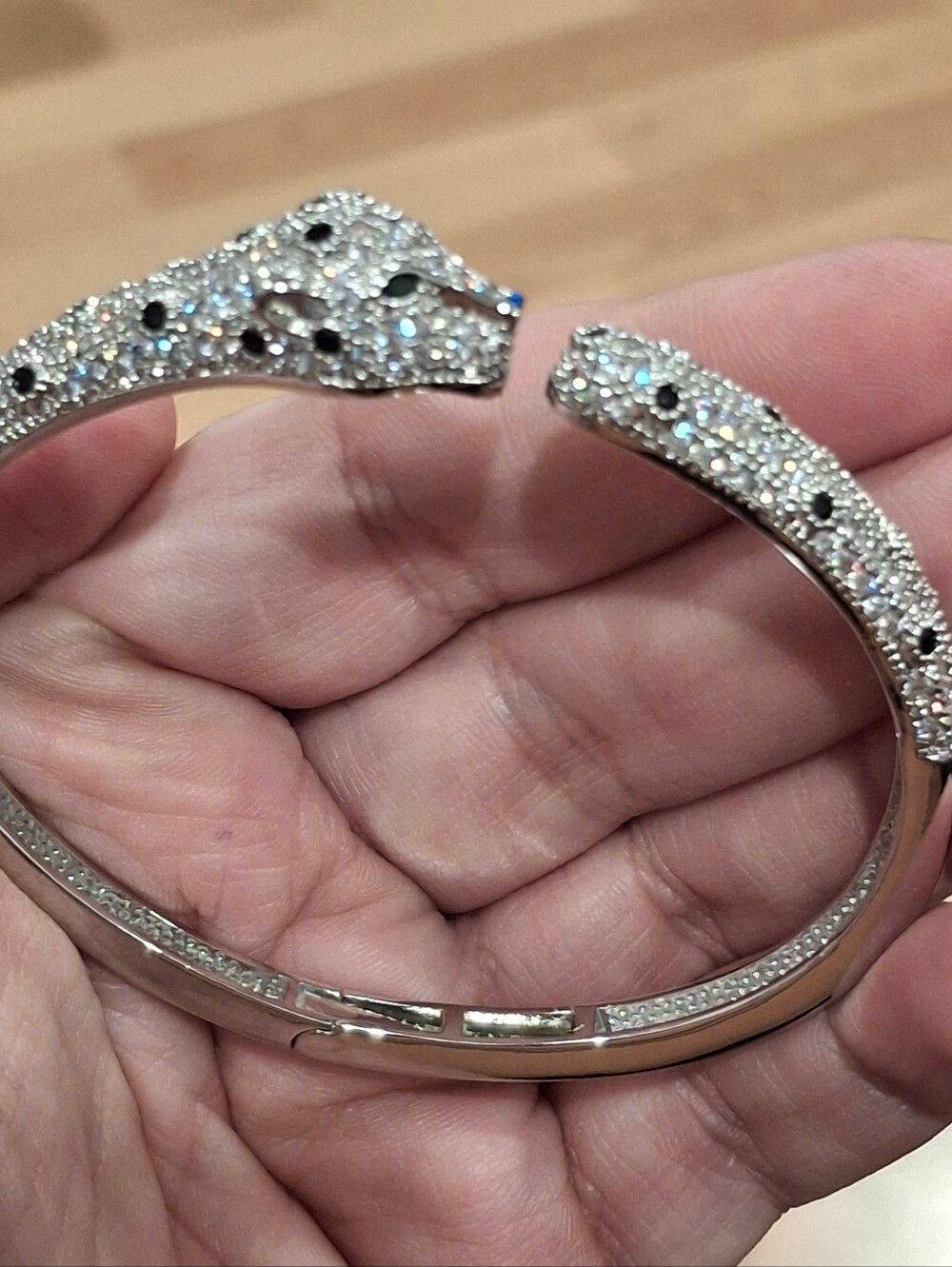Elegant Silver Diamond Leopard Head Bangle Bracelet - Picture 6 of 6